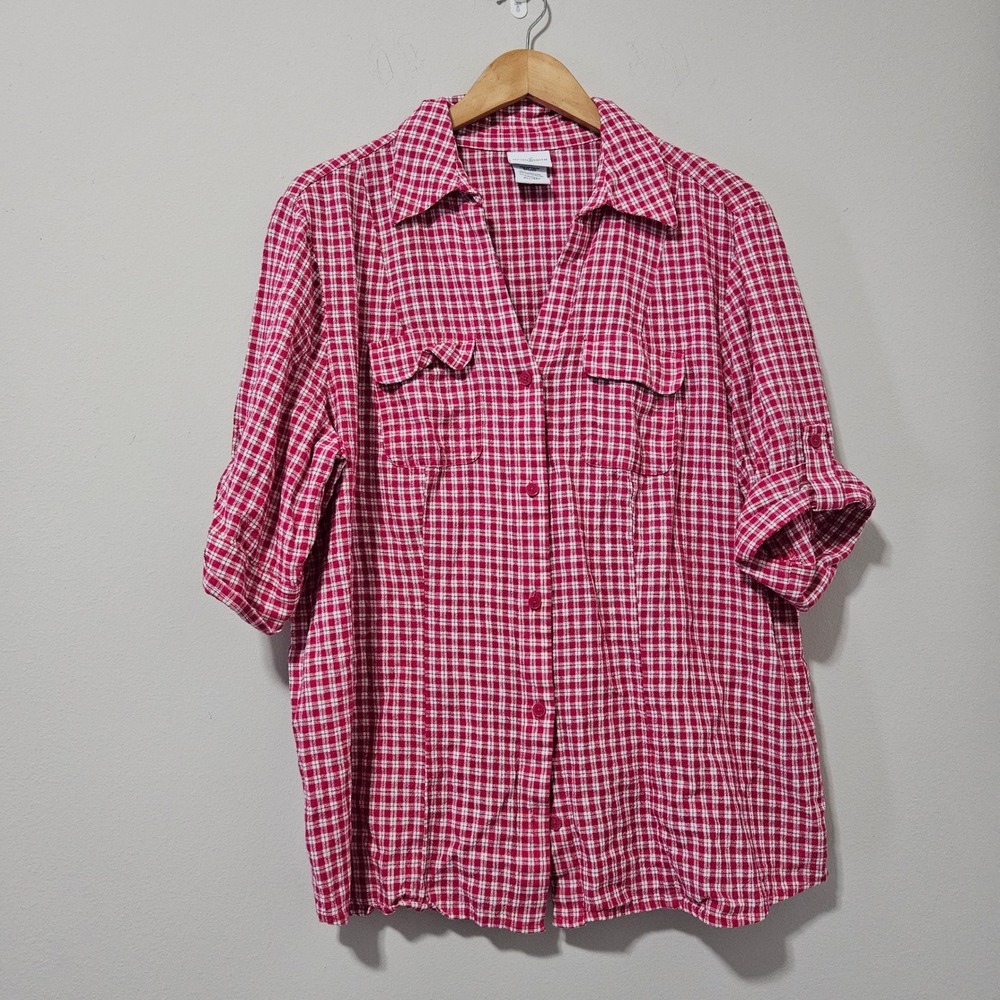 Jaclyn Smith Womens XXL Red White Plaid Linen Blend Roll Tab Button Down Shirt